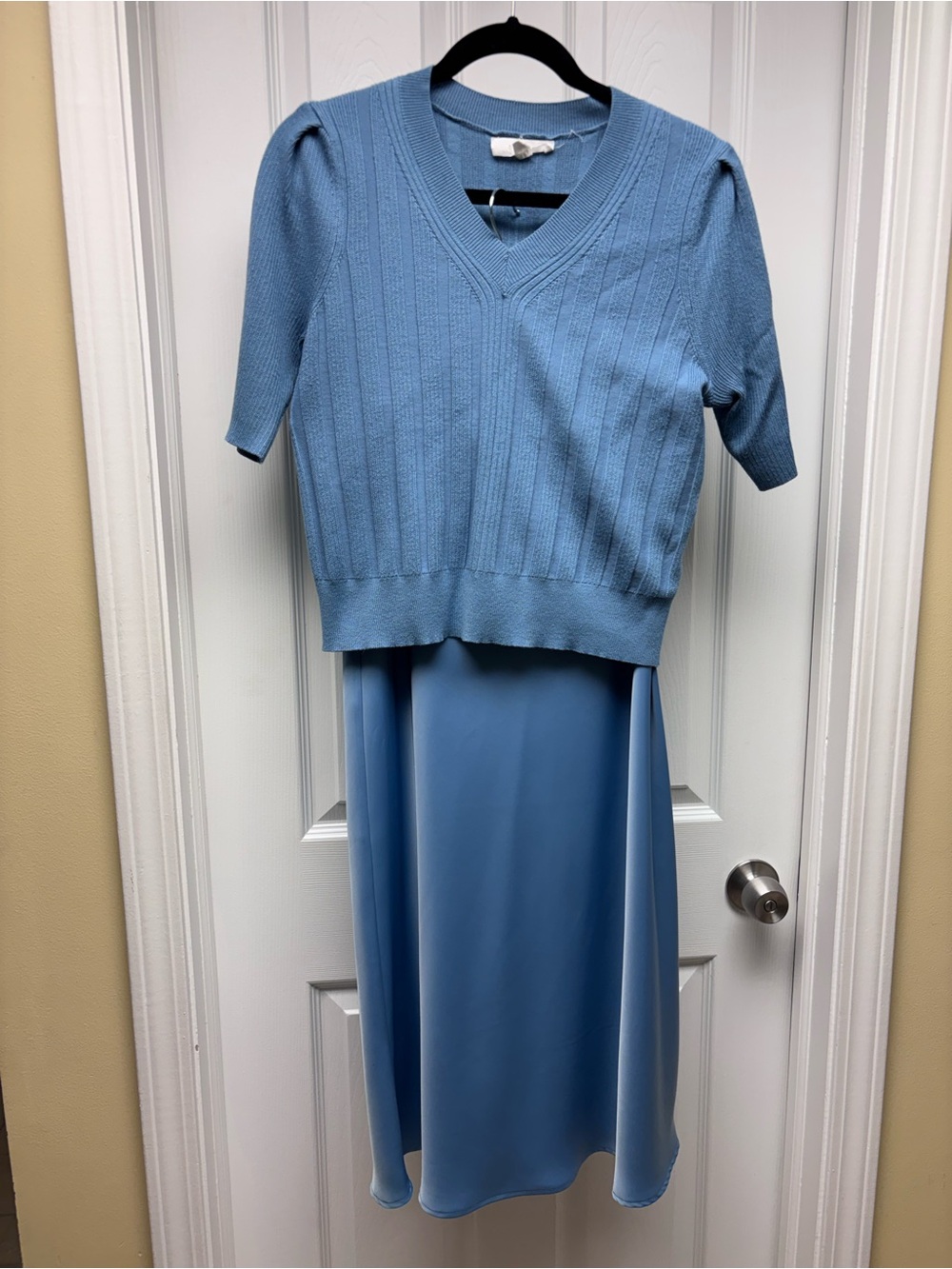 BRIT.NY Blue 2-Piece Sweater & Satin Midi Skirt Set – Size Medium